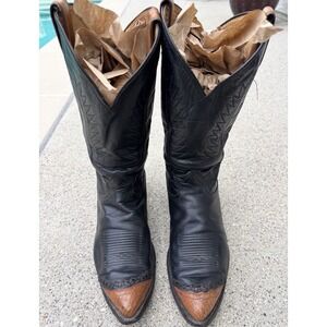 Tony Lama Black Leather Western Cowboy Boots Cap Toe Men's Size 11 B Vintage USA